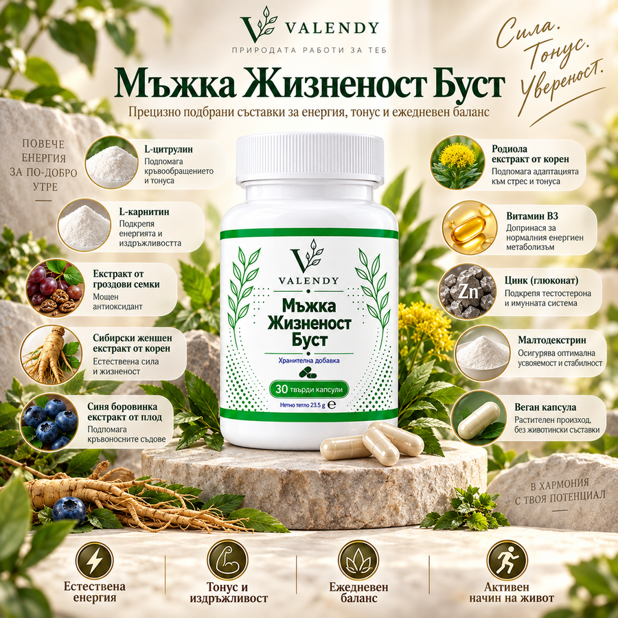 Мъжка Жизненост Буст — продуктова опаковка VALENDY